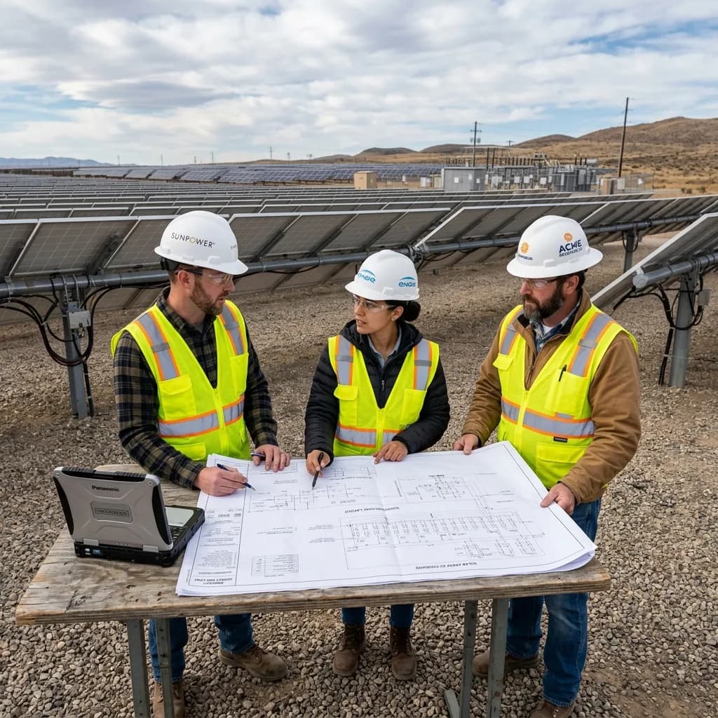Engineering team collaborating on renewable energy project schematics